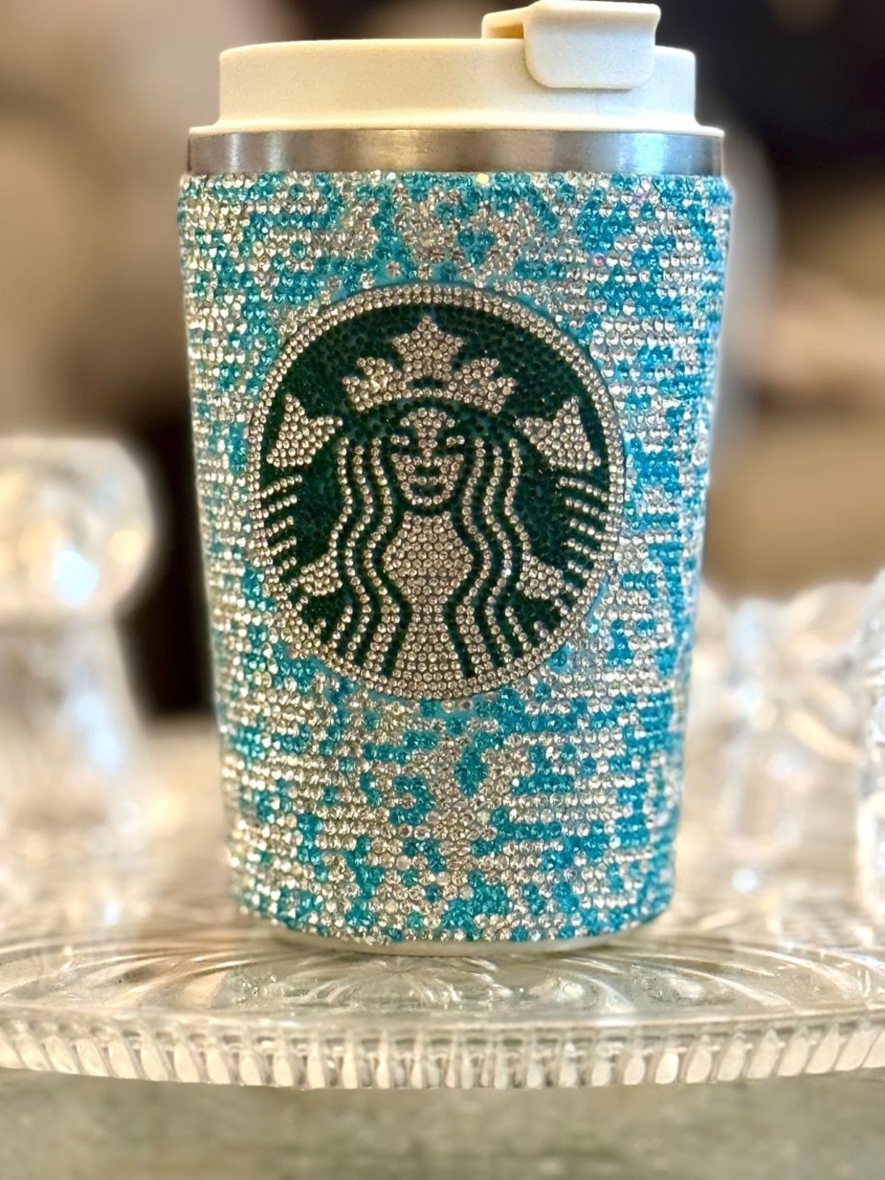 BeautTurquoise& Silver Rhinestone Bling Blue White TemperatureCheck Tumbler